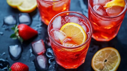 Wall Mural - Vibrant, cool summertime beverages: chilled strawberry lemonade with ice cubes in glasses topped with thinly sliced fresh lemons