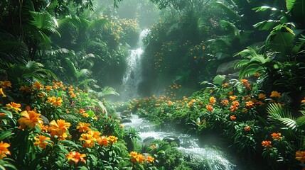 Wall Mural - Tranquil Waterfall in a Lush Jungle Paradise