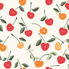 Canvas Print - A playful pattern featuring colorful cherries in red, orange, and yellow, with green leaves, on a light background. This seamless design is ideal for tiling in textiles or decor.