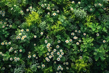 Poster - Close-up View of Vibrant Greenery and Delicate Daisies