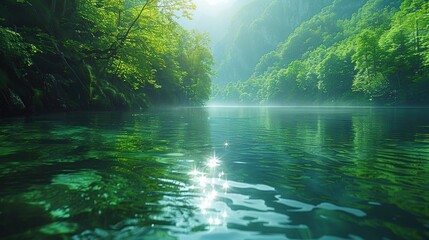 Wall Mural - Serene River Flowing Through Lush Green Forest