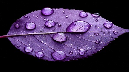 Sticker -   A macro shot of a dark purple foliage with droplets of water drenched on its surface against a solid ebony backdrop