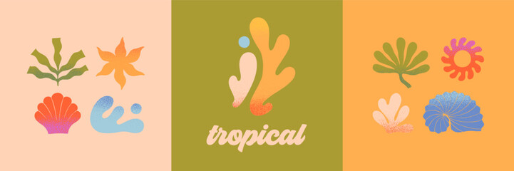 Wall Mural - vector abstract summer nature elements.hand drawn palm,sun,coral,seashell,wave.modern graphic in nai
