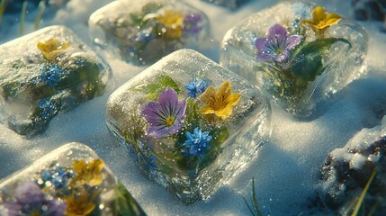   A bed of snow with flowers in ice cubes and a blue sky background