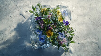 Poster -   A vase overflowing with vibrant blooms atop an ice-covered white table