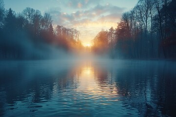 Wall Mural - Sunrise over a Foggy Lake