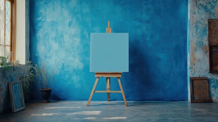 Canvas Print - A blue wall with a easel and some plants in the corner, AI