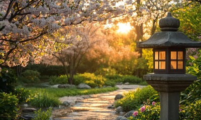 Canvas Print - a path with a lantern in the middle of it