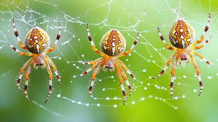 Wall Mural -   A close-up of three spiders in dewy webs