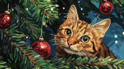 Sticker - A cat sitting in a christmas tree with ornaments on it, AI