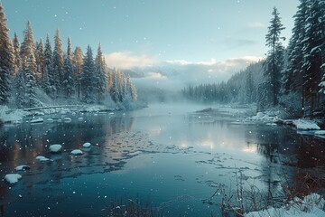 Poster - Winter Wonderland with Frozen Lake and Snowy Pines