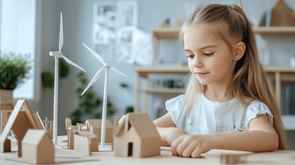 A young girl is intently crafting a cardboard model of a wind turbine alongside a house, showcasing her creativity and passion for renewable energy