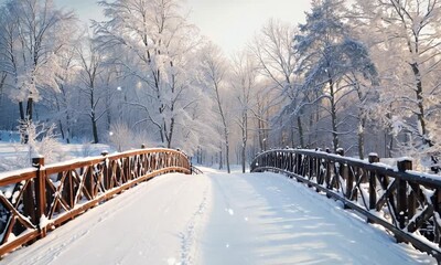 Canvas Print - a bridge in the middle of a snowy forest