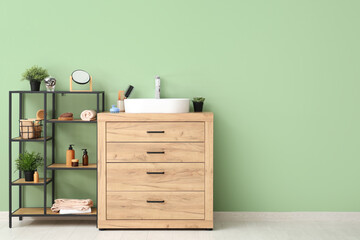 Canvas Print - Interior of room with sink, shelf unit and bath accessories