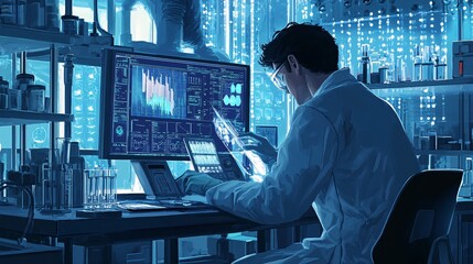 Wall Mural - a biophysicist in a modern laboratory, analyzing data on a computer screen, surrounded by equipment 