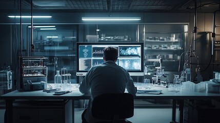 Wall Mural - a biophysicist in a modern laboratory, analyzing data on a computer screen, surrounded by equipment 
