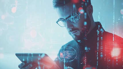 Wall Mural - A focused blockchain developer analyzing data on a tablet, surrounded by futuristic digital elements, against a light solid color backdrop