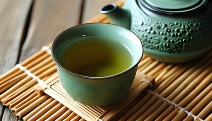 The elegant green teapot is paired with clear green tea and placed on a bamboo mat to reflect the tranquility and elegance of the tea ceremony.