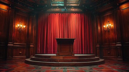 Poster - Dark Wooden Room with a Stage and Red Curtains