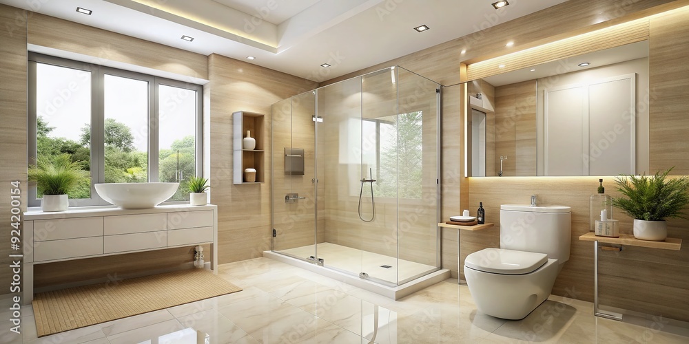 Sleek modern bathroom features light-colored tiles, crisp white ...