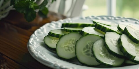 Canvas Print - Cubed cucumber slices for salad on a white plate