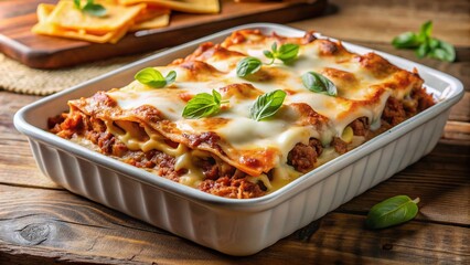 Wall Mural - Golden-brown, layered Italian classic: flat pasta sheets, rich meat sauce, creamy white sauce, and melted cheese, perfectly baked in a rectangular ceramic dish.