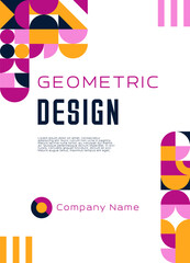 Aufkleber - Poster or flyer template, abstract modern geometric pattern of purple, black and orange shapes composition. Vector graphic banner border and corner with color circle, triangle and arch figures grids