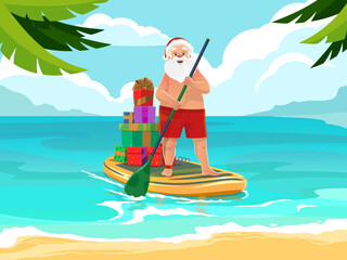 Santa on sup or paddleboard. Cartoon cute vector santa claus in red swimming trunks and hat standing on paddle board with gifts against tropical ocean beach background. Christmas in summer vacation