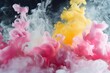 © shustrilka - abstract colorful ink or smoke swirling in water, creating dynamic, flowing shapes, bright pink, yellow, and red hues contrasted against a deep blue black background