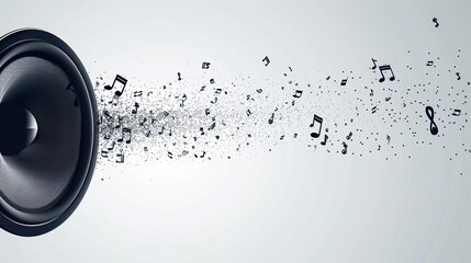 a minimalist flat 2D vector style speaker on the left side of a widescreen canvas, with a few simple geometric music notes emerging from it and floating across to the right, generative ai