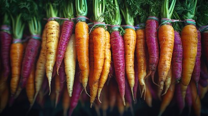  Carrots of various hues dangle from a rack, with verdant foliage capping their uppermost sections