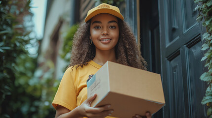 female delivery person  holding parcel standing near the door 