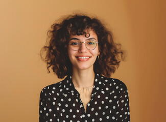 A confident young woman with glasses and curly hair, wearing a polka dot blouse isolated