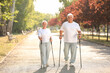 © Pixel-Shot - Mature woman and man training with walking poles in park