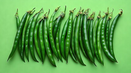   A cluster of green beans placed on a green table nearby, resting on a green background