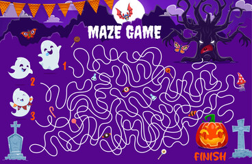Aufkleber - Halloween labyrinth maze quiz. Help to cute kawaii ghost to find a pumpkin lantern. Kids vector board game with tangled path, start and finish, cartoon spooks and night cemetery. Children riddle, test