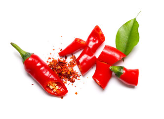 Canvas Print - Hot fresh chili pepper and flakes on white background