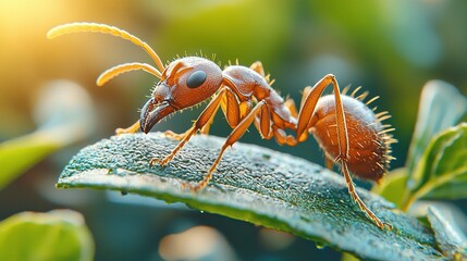 Wall Mural -   A macro shot of an ant crawling on a leaf with water droplets on its back