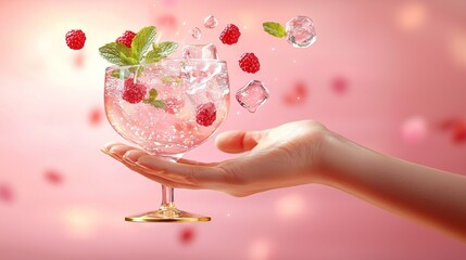 Poster -   A hand holding a glass with ice and raspberries floating on a pink backdrop