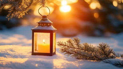 Wall Mural - A candle lit in a lantern on snow covered ground, AI