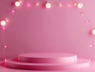 Poster - Pink Podium with String Lights and a Pink Background
