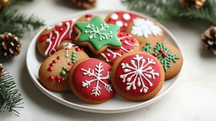 Poster - A plate of decorated cookies on a white table with christmas decorations, AI