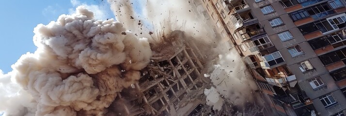 demolition of an apartment building using a dynamite blast.