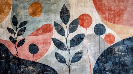 Aufkleber - Abstract Art with Black Leaves and Geometric Shapes