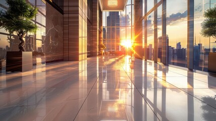 Poster - Sunlit Lobby with Cityscape View Through Windows