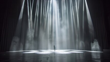 Aufkleber - A lone figure standing on a stage illuminated by spotlights