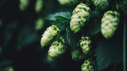 Wall Mural - A close up of a bunch of green hops on the vine, AI