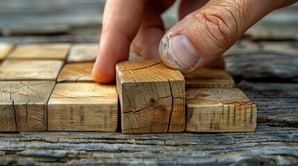 Hand Placing Wooden Block on Table