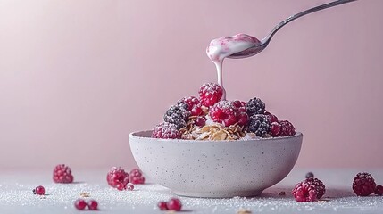 Wall Mural -   Spoon pouring yogurt on cereal with raspberries and flakes