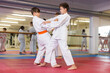 © JackF - Two young boys in kimono sparring during karate training.